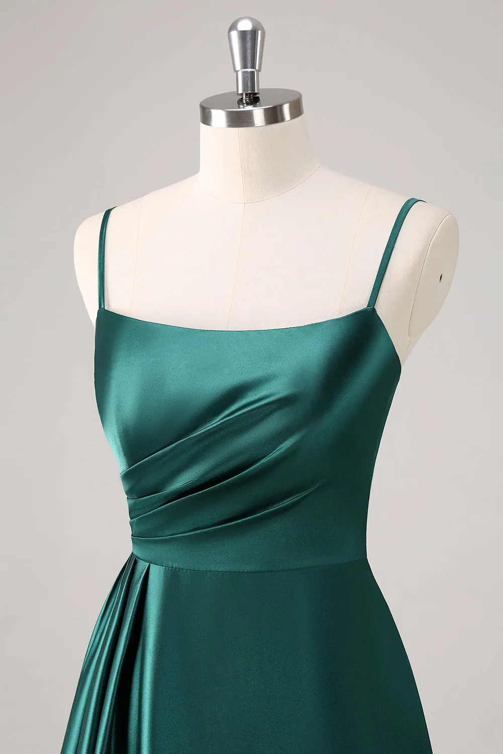 Dark Green A Line Spaghetti Straps Satin Ruched Long Bridesmaid Dress