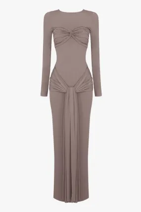 Diva Twist Knot Long Sleeve Draped Gathered Jersey Evening Maxi Dress