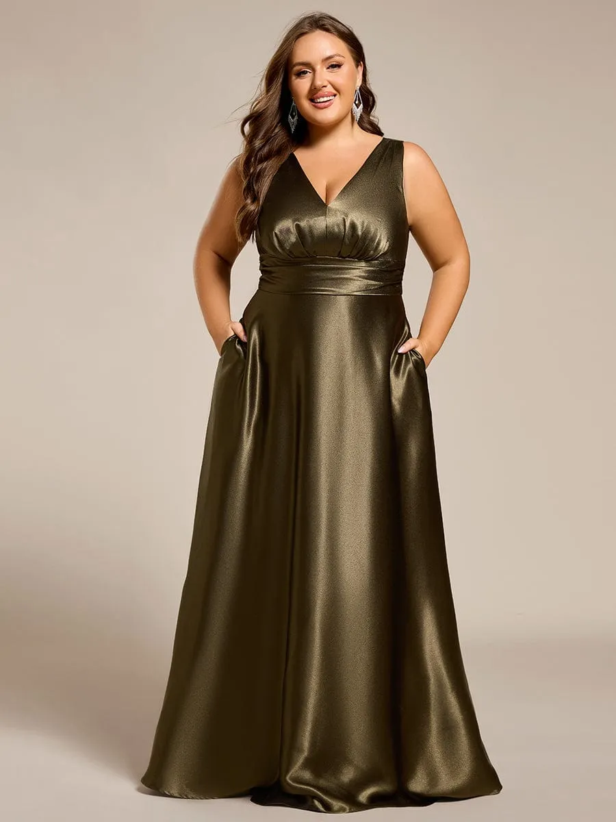 Plus Size Sleeveless Empire Waist Satin Maxi Bridesmaid Dress With Pockets